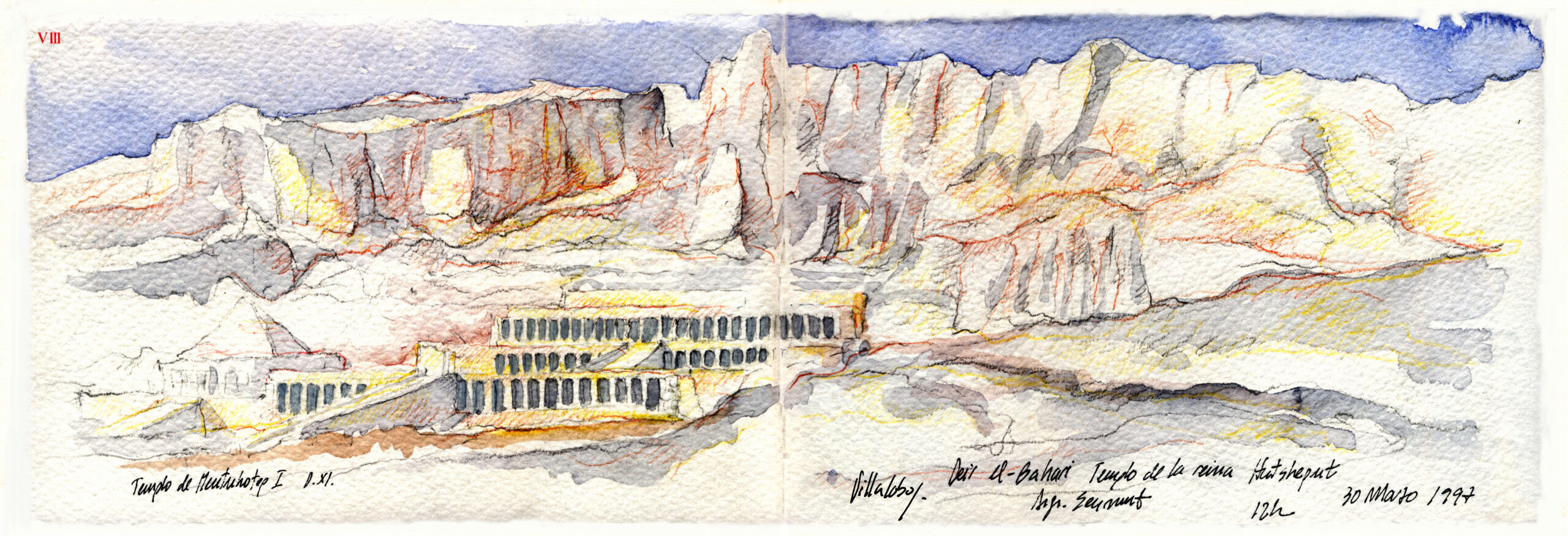Dibujo VIII. Deir ei-Bahari. Templo de la reina Hantshepsut. Arq. Senmut. 30, Marzo, 1997. 12 h.